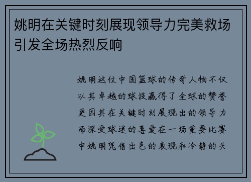 姚明在关键时刻展现领导力完美救场引发全场热烈反响